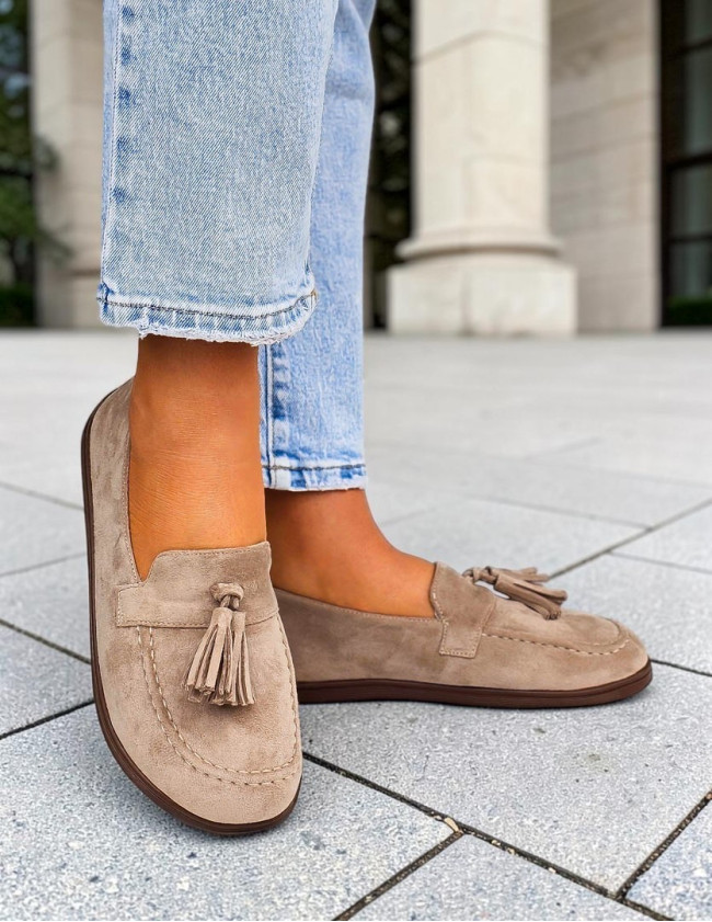 Beżowe Zamszowe Mokasyny Barefoot z Frędzlem Beżowe Zamszowe Mokasyny Barefoot z Frędzlem