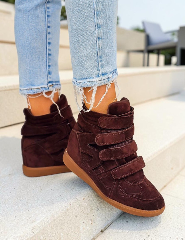 Czekoladowe Botki Damskie Sneakersy Na Koturnie Czekoladowe Botki Damskie Sneakersy Na Koturnie