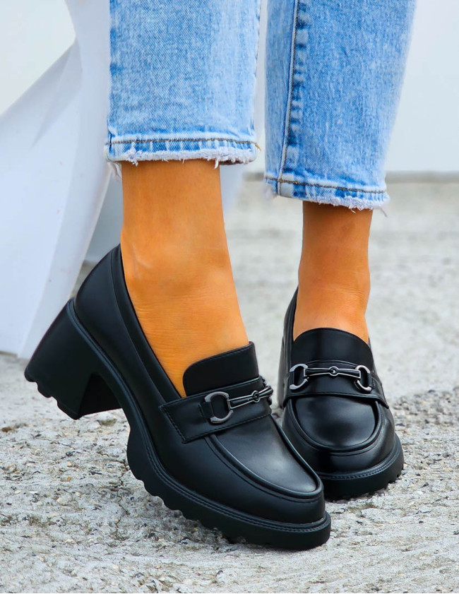 Czarne Skórzane Czółenka Mokasyny Na Niskim Klocku She Czarne Skórzane Czółenka Mokasyny Na Niskim Klocku She