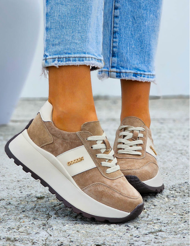 Premium Beżowe Skórzane Sportowe Półbuty Trampki Elif Premium Beżowe Skórzane Sportowe Półbuty Trampki Elif