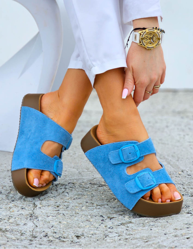 Premium Klapki Ze Skóry Naturalnej Goodin Niebieskie Premium Klapki Ze Skóry Naturalnej Goodin Niebieskie