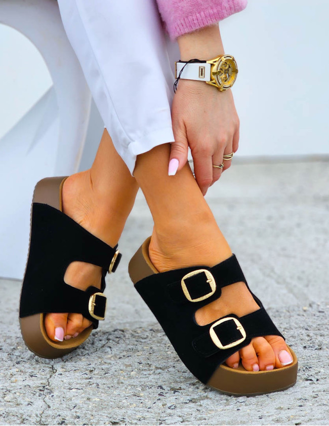 Premium Klapki Ze Skóry Naturalnej Goodin Czarne Premium Klapki Ze Skóry Naturalnej Goodin Czarne