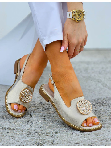 Eleganckie Sandały Damskie Ze Skóry Naturalnej Stonge Złote Eleganckie Sandały Damskie Ze Skóry Naturalnej Stonge Złote