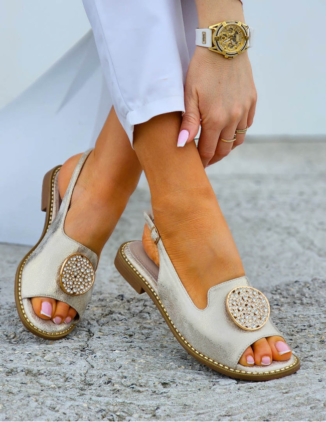 Eleganckie Sandały Damskie Ze Skóry Naturalnej Stonge Złote