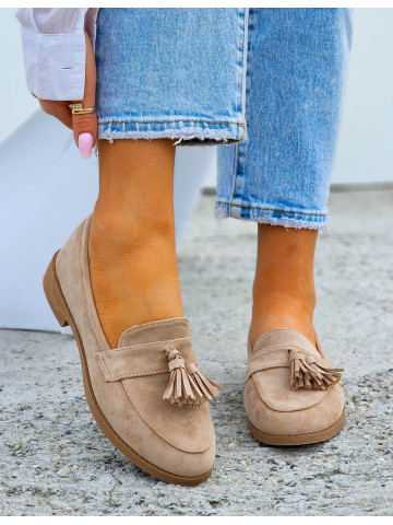 Beżowe Zamszowe Mokasyny z Frędzelkiem Michell