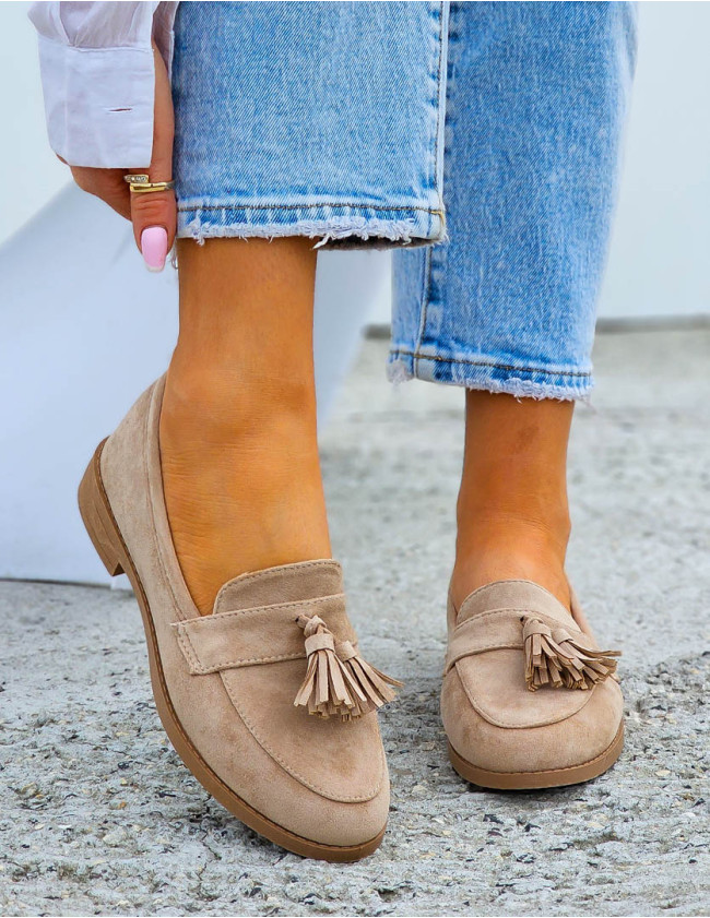 Beżowe Zamszowe Mokasyny z Frędzelkiem Michell