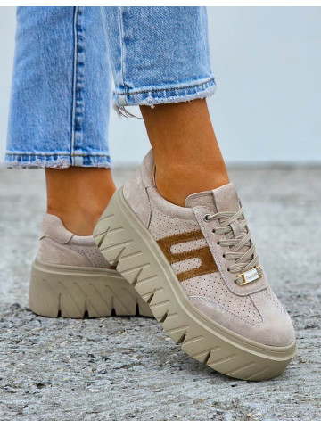 Premium Beżowe Skórzane Sportowe Półbuty Trampki Soella