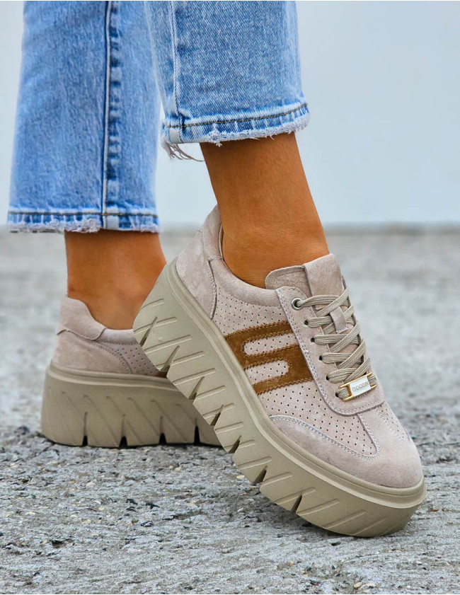 Premium Beżowe Skórzane Sportowe Półbuty Trampki Soella