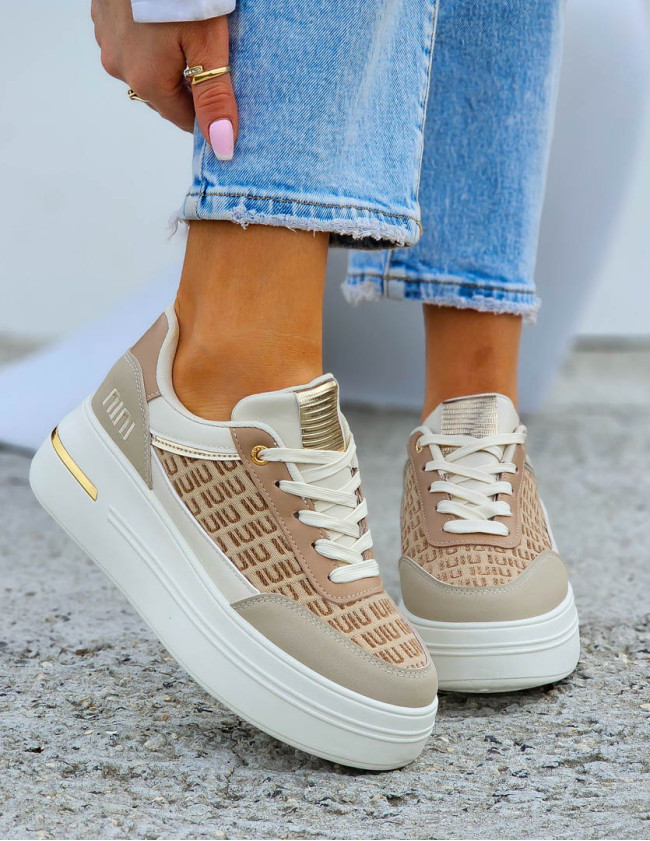 Beżowe Buty Sportowe Trampki Na Platformie NiuNiu