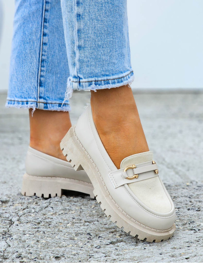 Beżowe Mokasyny Damskie Na Grubej Podeszwie Jasmin