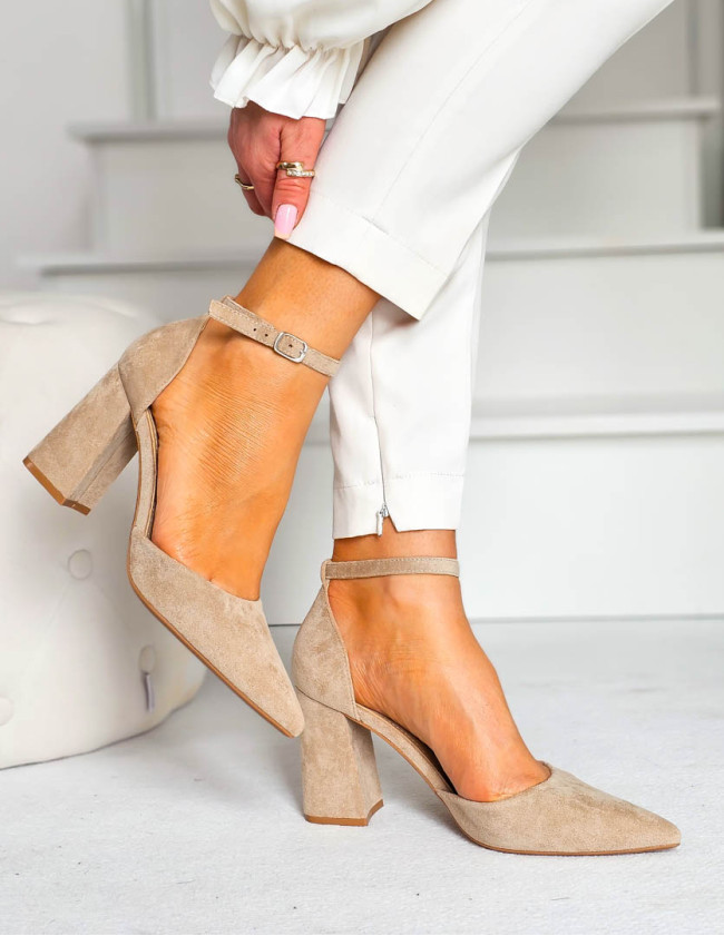 Sandały Damskie Na Obcasie Zakryte Place Pięty Beżowe