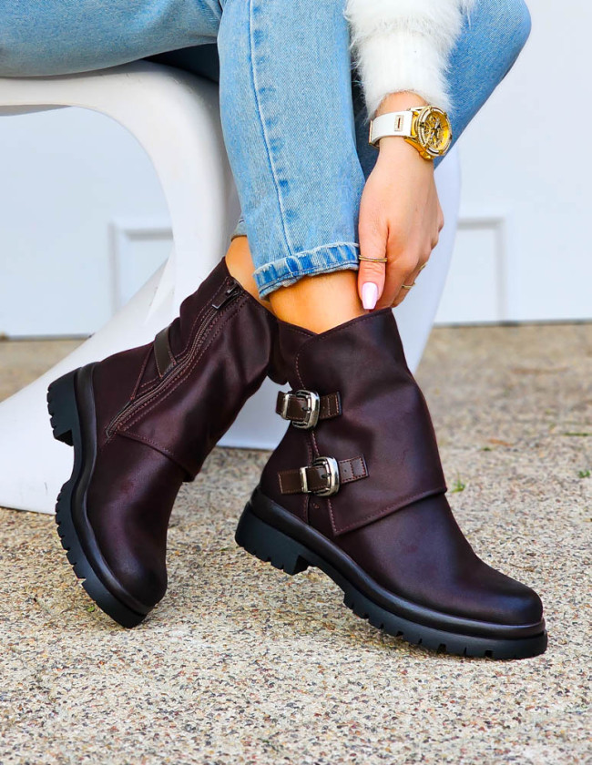 Czekoladowe Skórzane Botki Na Platformie Wywinięta Cholewka