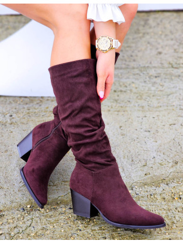 Czekoladowe Zamszowe Kozaki Na Klocku Shills