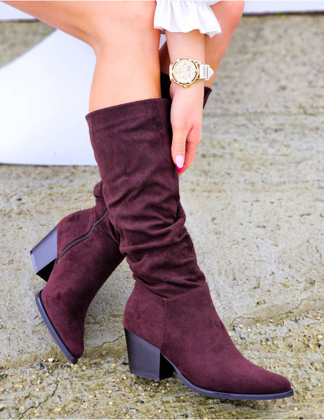 Czekoladowe Zamszowe Kozaki Na Klocku Shills