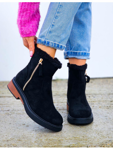 Czarne Zamszowe Botki Śniegowce Płaski Spód Her Czarne Zamszowe Botki Śniegowce Płaski Spód Her