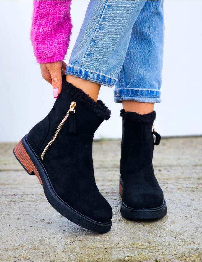 Czarne Zamszowe Botki Śniegowce Płaski Spód Her Czarne Zamszowe Botki Śniegowce Płaski Spód Her