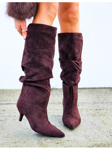 Czekoladowe Kozaki Na Niskiej Szpilce z Marszczoną Cholewką Czekoladowe Kozaki Na Niskiej Szpilce z Marszczoną Cholewką