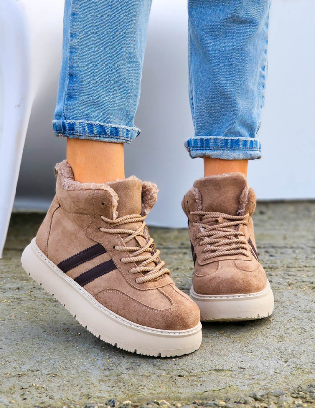 Beżowe Sportowe Zimowe Botki Damskie Ocieplane Ads 