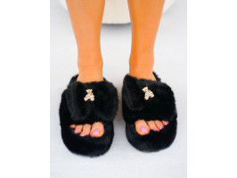 Czarne Klapki Kapcie Po Domu z Futerkiem Gold Bear Czarne Klapki Kapcie Po Domu z Futerkiem Gold Bear