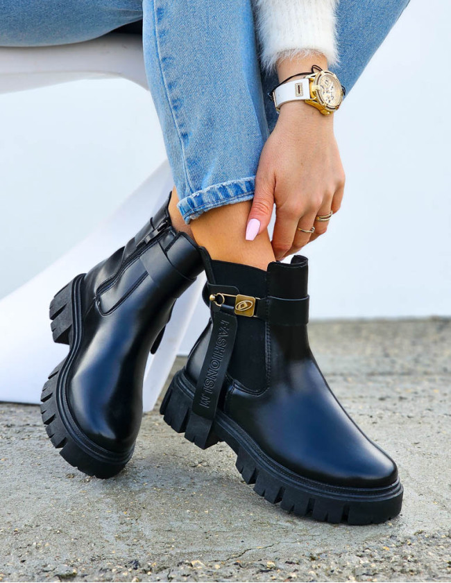 Botki Damskie Oficerki Ze Skóry Na Grubej Podeszwie FashionSlim Botki Damskie Oficerki Ze Skóry Na Grubej Podeszwie FashionSlim