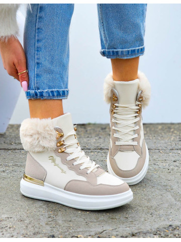 Beżowe Sportowe Zimowe Botki Damskie Śniegowce Klarens Beżowe Sportowe Zimowe Botki Damskie Śniegowce Klarens