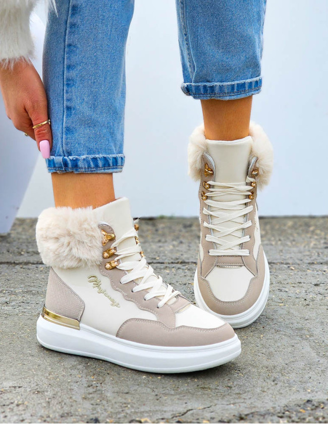 Beżowe Sportowe Zimowe Botki Damskie Śniegowce Klarens Beżowe Sportowe Zimowe Botki Damskie Śniegowce Klarens