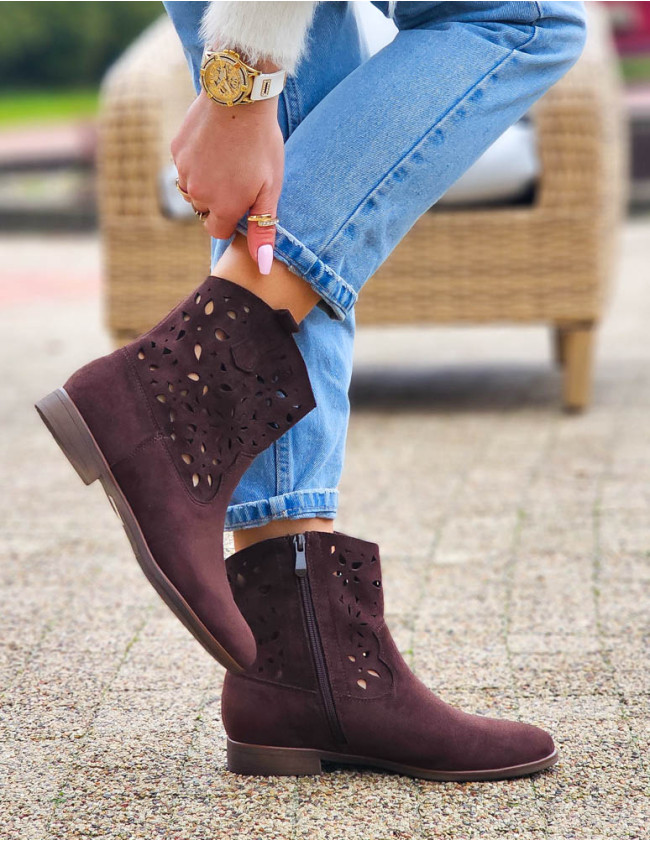 Czekoladowe Ażurowe Zamszowe Botki Damskie Płaskie Aves