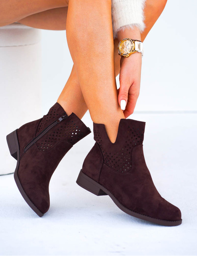 Czekoladowe Ażurowe Zamszowe Botki Szyblety Montenegro Czekoladowe Ażurowe Zamszowe Botki Szyblety Montenegro