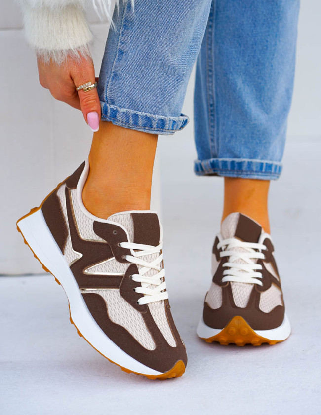 Beżowo-Czekoladowe Sneakersy Buty Sportowe New Bancy Beżowo-Czekoladowe Sneakersy Buty Sportowe New Bancy