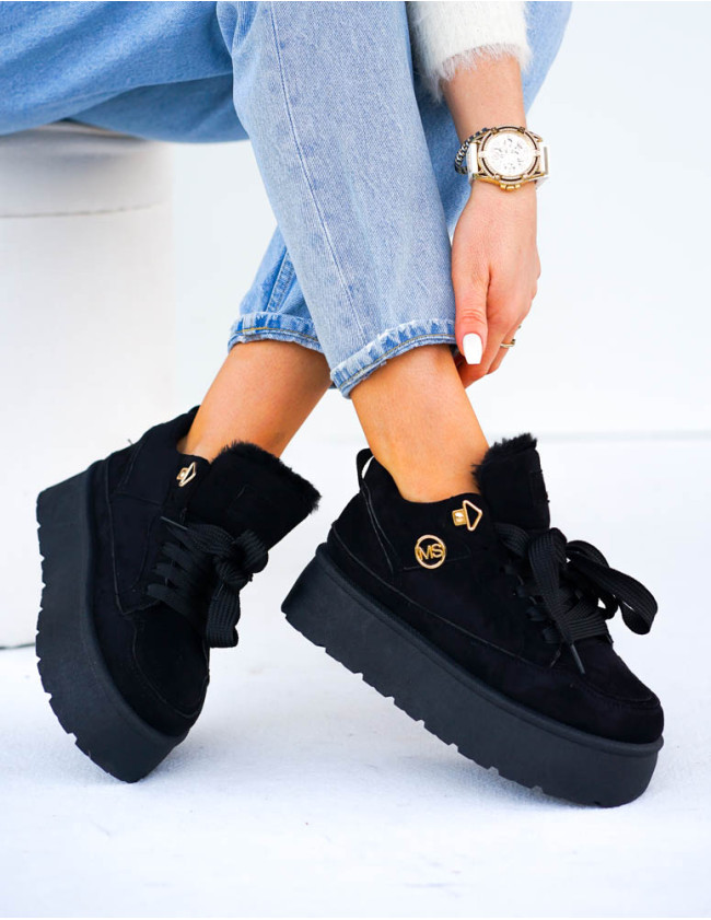 Czarne Buty Sportowe Botki z Kożuszkiem Czarne Buty Sportowe Botki z Kożuszkiem
