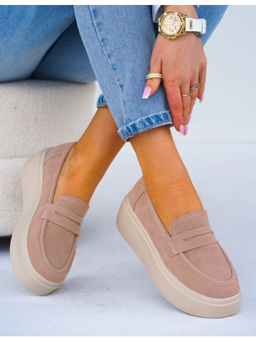 Premium Skórzane Półbuty Na Grubej Podeszwie Beżowe She Premium Skórzane Półbuty Na Grubej Podeszwie Beżowe She