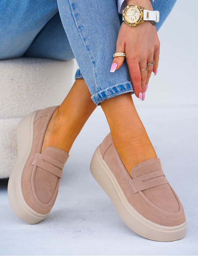 Premium Skórzane Półbuty Na Grubej Podeszwie Beżowe She Premium Skórzane Półbuty Na Grubej Podeszwie Beżowe She