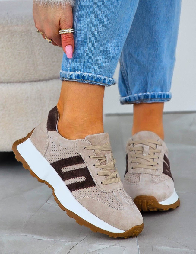 Premium Eleganckie Skórzane Sportowe Półbuty Trampki Cappuccino Premium Eleganckie Skórzane Sportowe Półbuty Trampki Cappuccino