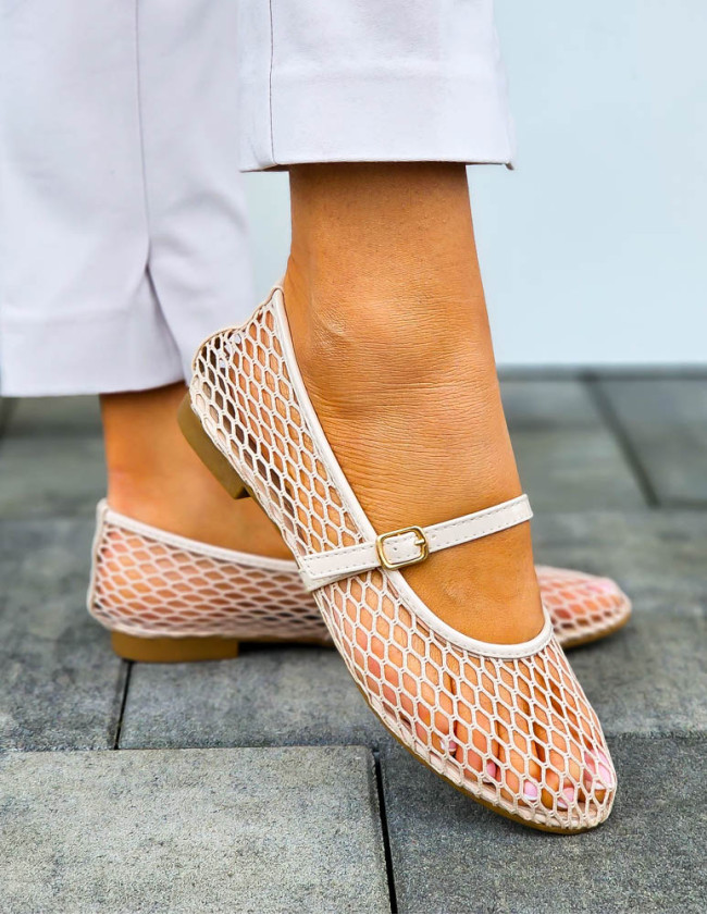 Beżowe Ażurowe Balerinki Na Paseczek Soraya Beżowe Ażurowe Balerinki Na Paseczek Soraya