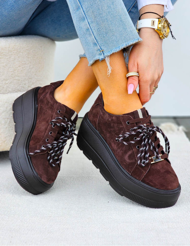 Premium Czekoladowe Skórzane Sportowe Półbuty Trampki Doris Premium Czekoladowe Skórzane Sportowe Półbuty Trampki Doris