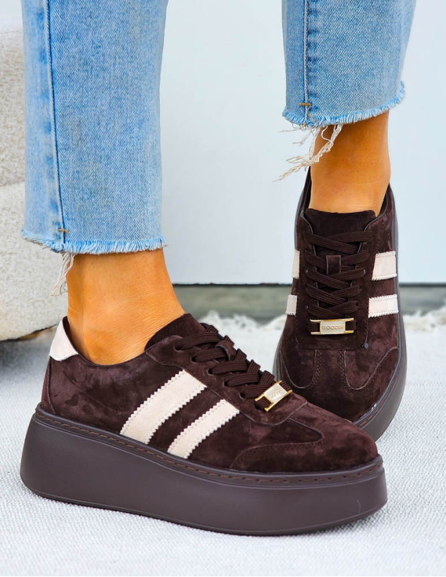 Premium Czekoladowe Skórzane Sportowe Półbuty Trampki Alissia Premium Czekoladowe Skórzane Sportowe Półbuty Trampki Alissia