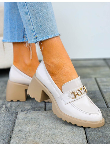 Beżowe Skórzane Półbuty Mokasyny Na Słupku Bellucci Beżowe Skórzane Półbuty Mokasyny Na Słupku Bellucci