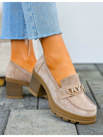 Beżowe Zamszowe Półbuty Mokasyny Na Słupku Monica Beżowe Zamszowe Półbuty Mokasyny Na Słupku Monica