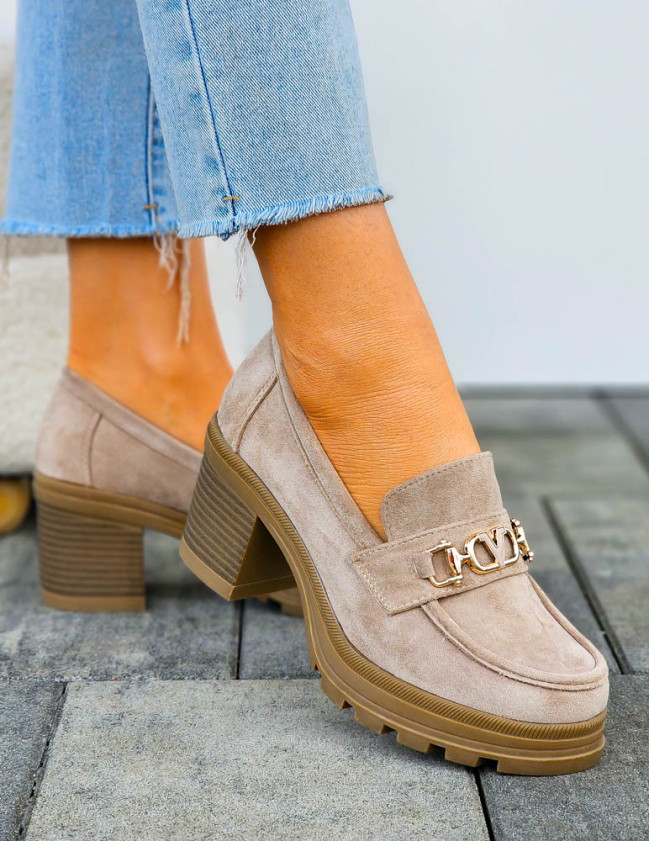 Beżowe Zamszowe Półbuty Mokasyny Na Słupku Monica