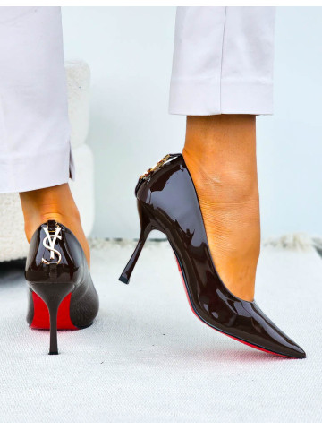 Eleganckie Czekoladowe Lakierowane Szpilki Czólenka Yes Saint Eleganckie Czekoladowe Lakierowane Szpilki Czólenka Yes Saint