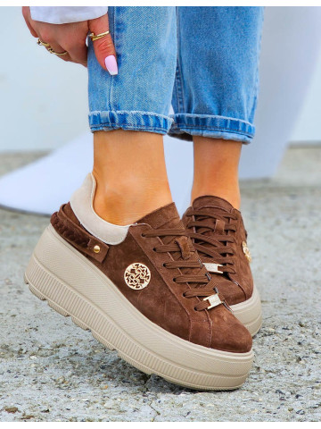 Premium Brązowe Skórzane Sportowe Półbuty Trampki Manolia Premium Brązowe Skórzane Sportowe Półbuty Trampki Manolia