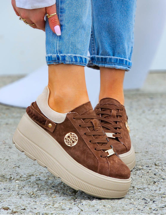 Premium Brązowe Skórzane Sportowe Półbuty Trampki Manolia Premium Brązowe Skórzane Sportowe Półbuty Trampki Manolia