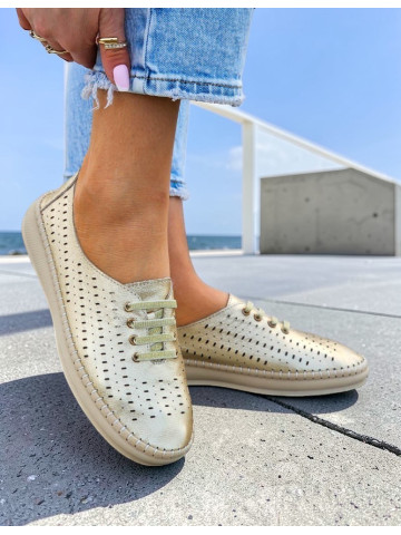 Złote Baleriny Mokasyny Ażurowe Mięciutkie Bonney