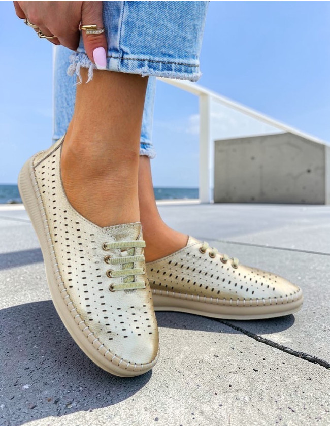 Złote Baleriny Mokasyny Ażurowe Mięciutkie Bonney Złote Baleriny Mokasyny Ażurowe Mięciutkie Bonney