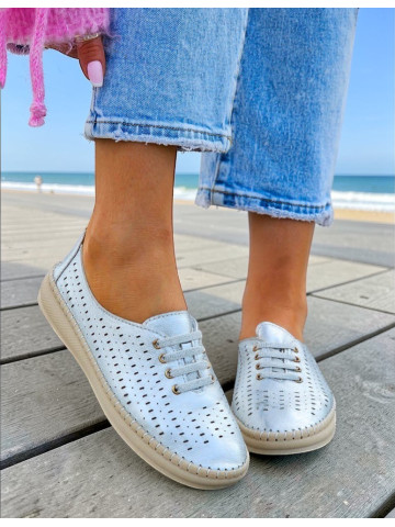 Srebrne Baleriny Mokasyny Ażurowe Mięciutkie Bonney