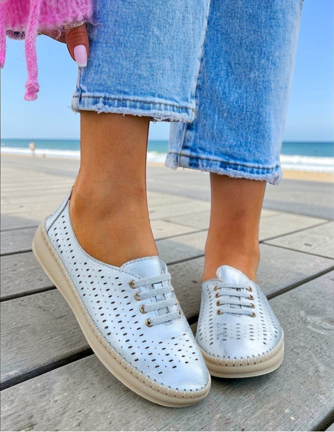 Srebrne Baleriny Mokasyny Ażurowe Mięciutkie Bonney Srebrne Baleriny Mokasyny Ażurowe Mięciutkie Bonney