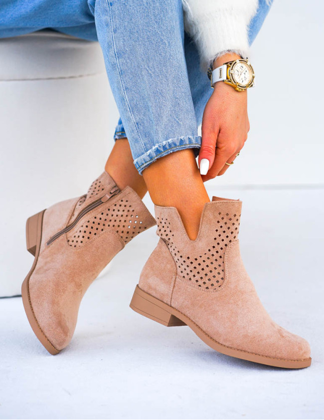 Beżowe Ażurowe Zamszowe Botki Szyblety Montenegro Beżowe Ażurowe Zamszowe Botki Szyblety Montenegro