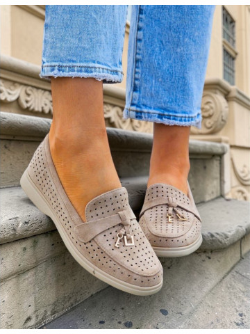 Ażurowe Zamszowe Mokasyny Baleriny Boho Collina