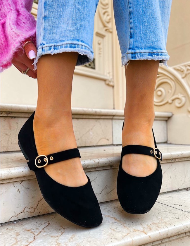 Czarne Zamszowe Baleriny Połbuty z Paskiem Eliss Czarne Zamszowe Baleriny Połbuty z Paskiem Eliss