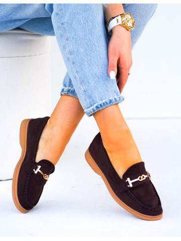 Czekoladowe Baleriny Mokasyny Ze Złotą Klamerką Calzades